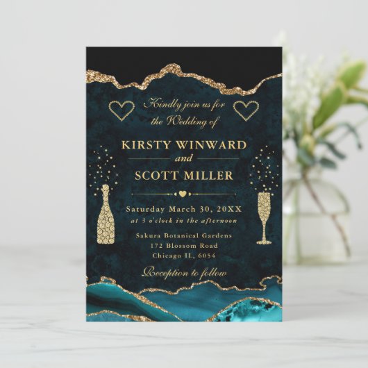 Invitation Élégant Turquoise et Parties scintillant or Mariag (Debout devant)