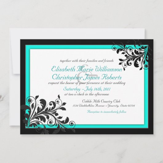 Invitation Elégant Turquoise|Faire-part de mariage noir (Devant)