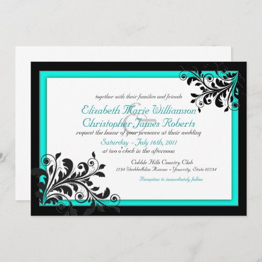 Invitation Elégant Turquoise|Faire-part de mariage noir (Devant / Derrière)