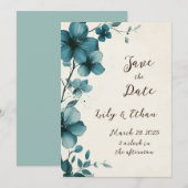 Invitation Élégant Turquoise floral Enregistrer la date (Devant / Derrière)