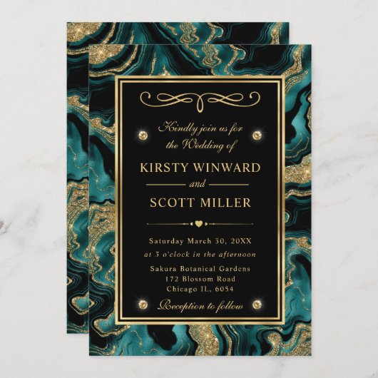 Invitation Élégant Turquoise Foil et Gold Parties scintillant (Devant / Derrière)