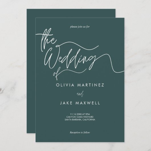 Invitation Élégant Turquoise foncé et blanc Mariage de script (Devant / Derrière)