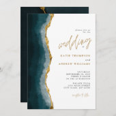 Invitation Élégant Turquoise Gold Agate Mariage de calligraph (Devant / Derrière)