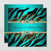 Invitation Elégant Turquoise Gold Black Zebra Anniversaire Pa (Devant / Derrière)