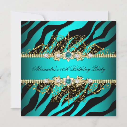 Invitation Elégant Turquoise Gold Black Zebra Anniversaire Pa (Devant)