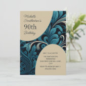 Invitation Elégant Turquoise Gold Floral 90e anniversaire (Debout devant)
