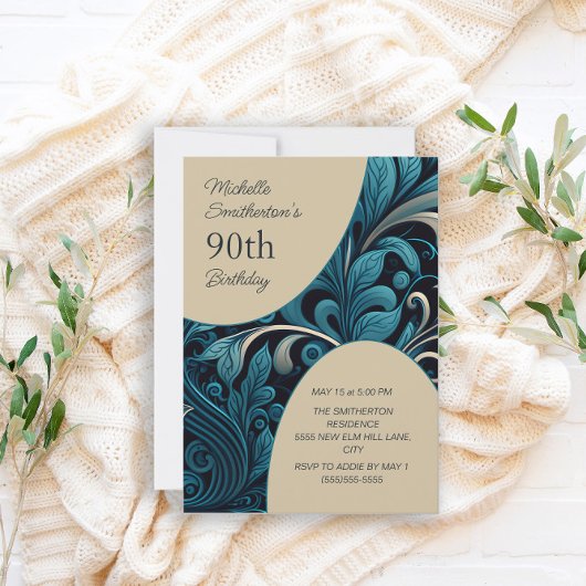 Invitation Elégant Turquoise Gold Floral 90e anniversaire