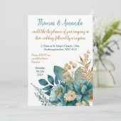 Invitation Elégant Turquoise & Gold Floral mariage (Debout devant)