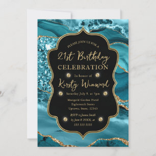 Invitation Elégant Turquoise & Gold Parties scintillant Agate