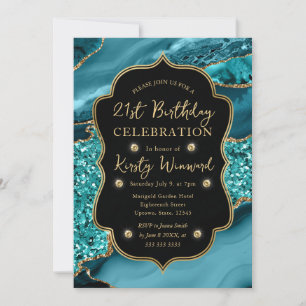 Invitation Elégant Turquoise & Gold Parties scintillant Agate