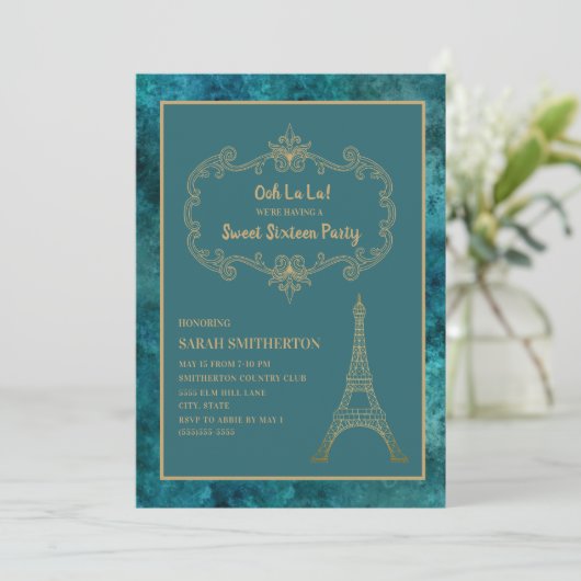Invitation Elégant Turquoise Gold Tour Eiffel Sweet 16 (Debout devant)