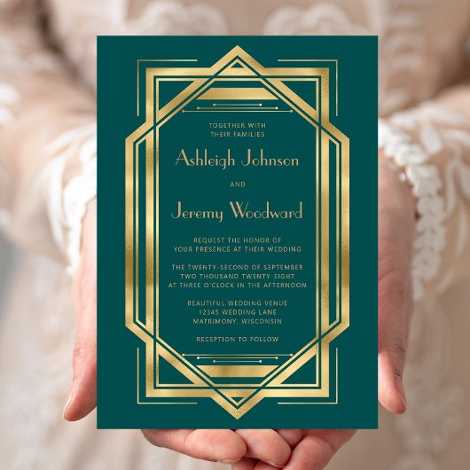 Invitation Élégant Turquoise Gold Vintage 1920 Déco Mariage