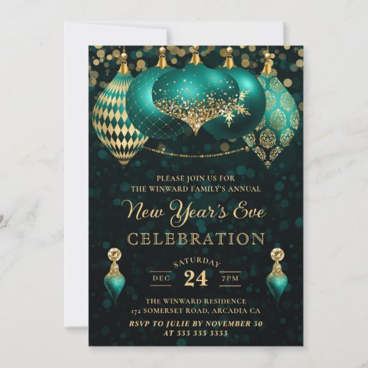 Invitation Elégant Turquoise & Gold Winter Baubles Nouvel An (Devant)