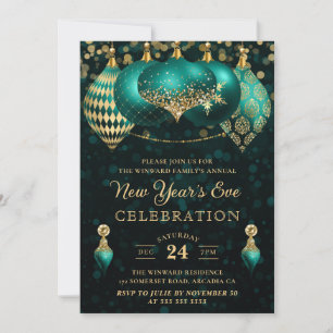 Invitation Elégant Turquoise & Gold Winter Baubles Nouvel An 