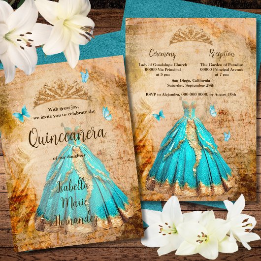 Invitation Elégant Turquoise Golden Vintage Quinceañera