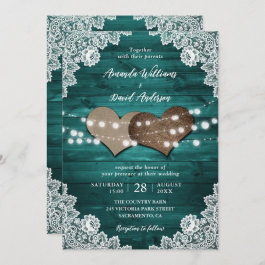 Invitation Élégant Turquoise grange dentelle dentelle Mariage (Devant / Derrière)