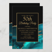Invitation Elégant Turquoise Marbre Noir Or 50e anniversaire (Devant / Derrière)
