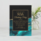 Invitation Elégant Turquoise Marbre Noir Or 90e anniversaire (Debout devant)