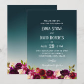 Invitation Élégant Turquoise Ombre Bourgogne Rouge Floral Mar (Devant / Derrière)