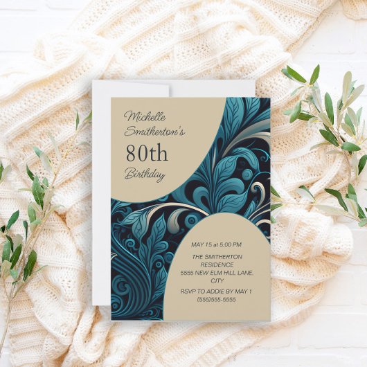 Invitation Elégant Turquoise or floral 80e anniversaire