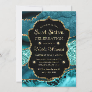 Invitation Elégant Turquoise & Paillettes Dorées Agate Sweet
