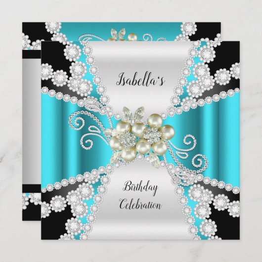Invitation Elégant Turquoise Pearl Black White Diamond Annive (Devant / Derrière)
