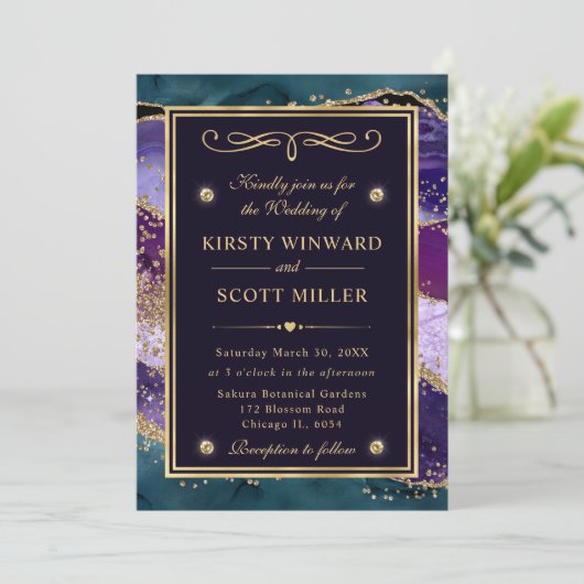 Invitation Élégant Turquoise, violet et or Parties scintillan (Debout devant)
