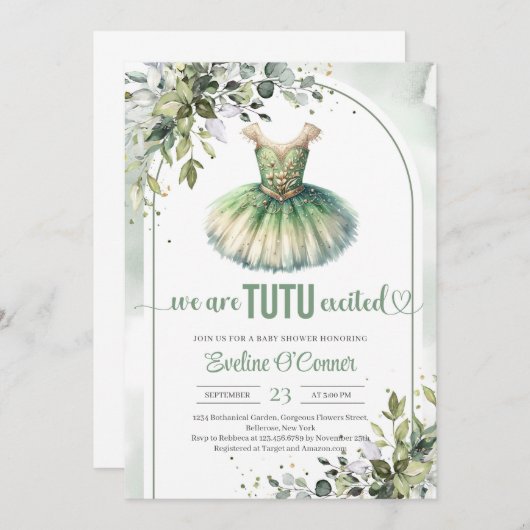 Invitation Elégant tutu vert et or robe eucalyptus (Devant / Derrière)