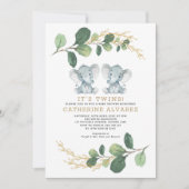 Invitation Elégant Twin Elephant Baby shower verdoyant doux (Devant)