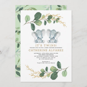 Invitation Elégant Twin Elephant Baby shower verdoyant doux