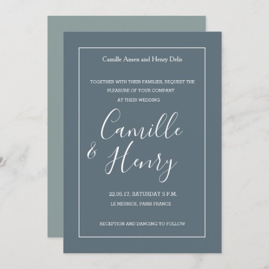 Invitation Elégant type bleu blanc vert mariage moderne (Devant / Derrière)