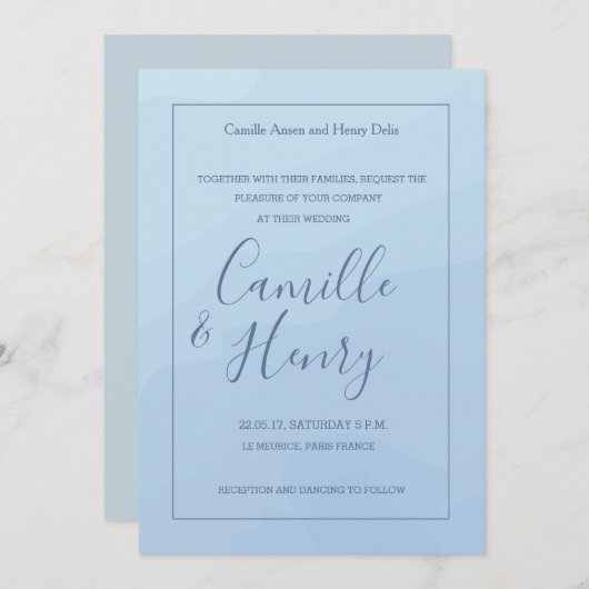 Invitation Elégant type pastel bleu gris aquarelle mariage (Devant / Derrière)