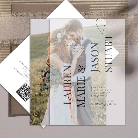 Invitation Élégant Vellum réel superposition QR Code Mariage