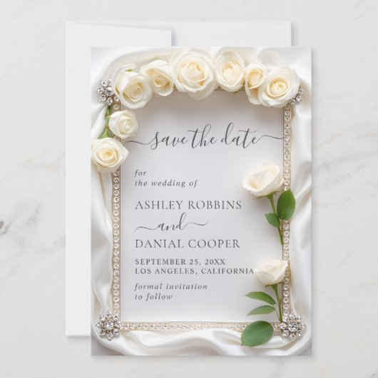 Invitation Élégant Velours Roses Blanches Enregistrer La Date (Devant)