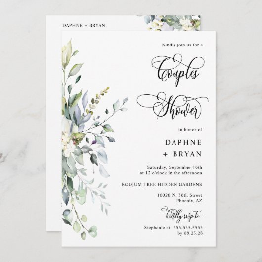 Invitation Élégant verdure Couples Douche QR Code Photo (Devant / Derrière)