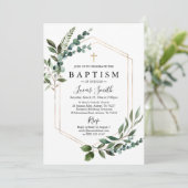 Invitation Elégant Verdure Eucalyptus Gold Cross Baptême (Debout devant)