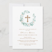 Invitation Elégant Verdure Eucalyptus Gold Cross Baptême (Devant)