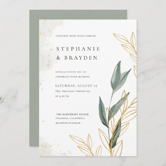 Invitation Elégant Verdure & Feuille or Mariage aquarelle (Devant / Derrière)