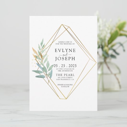 Invitation Elégant verdure or Eucalyptus feuille Mariage chic (Debout devant)