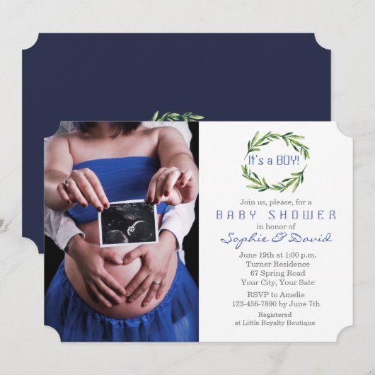 Invitation Elégant verdure Wreath Photo Baby shower garçon (Devant / Derrière)