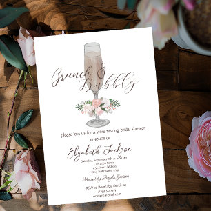 Invitation Élégant verre à champagne, roses, brunch et bulles
