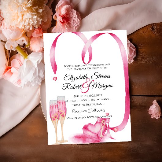 Invitation Élégant verre Champagne Coeurs rouges