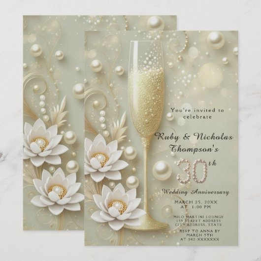 Invitation Elégant verre Pearl & Champagne 30e Mariage Anniv (Devant / Derrière)