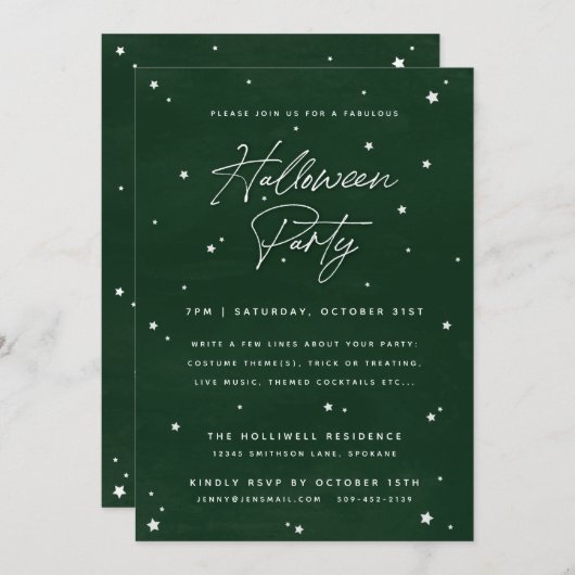 Invitation Élégant Vert+Blanc Étoiles magiques Fête d'Hallowe (Devant / Derrière)