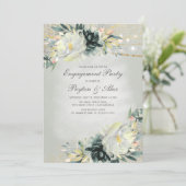 Invitation Élégant Vert Blanc Floral Or Lumières Fiançailles (Debout devant)