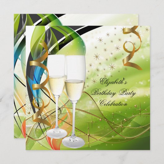 Invitation Elégant Vert Bleu Or Anniversaire Champagne (Devant / Derrière)