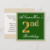 Invitation Élégant, Vert, Doré Faux 2e Anniversaire + Nom (Devant / Derrière)