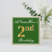 Invitation Élégant, Vert, Doré Faux 2e Anniversaire + Nom (Debout devant)