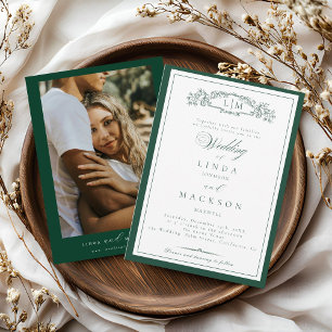 Invitation Élégant Vert Émeraude Blason Monogramme Mariage