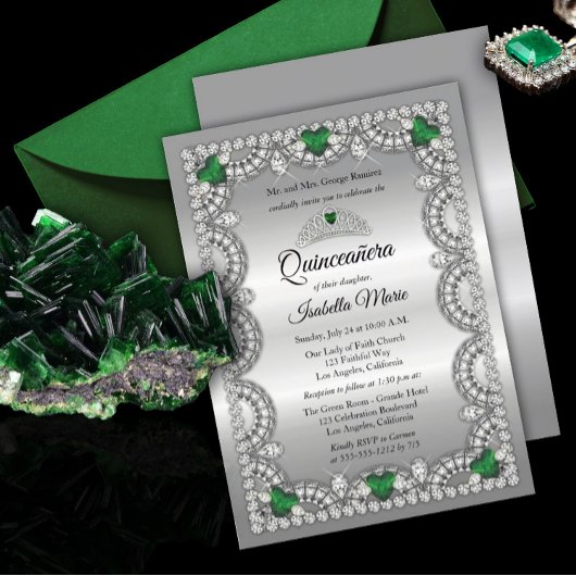 Invitation Élégant vert émeraude | Diamond Crown Quinceañera